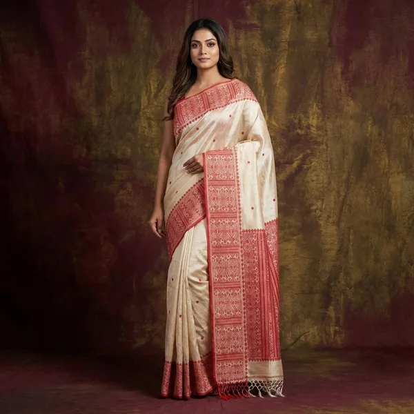 Premium_Quality_Assamese_Nakshi_Motif_Inspired_Hand_Woven_Work_On_Tussar_Silk_Saree_In_Parmesan_And_Red