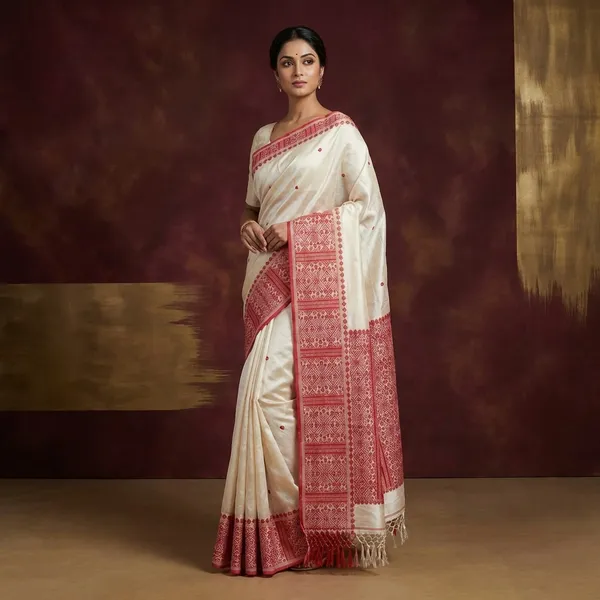 Premium_Quality_Assamese_Nakshi_Motif_Inspired_Hand_Woven_Work_On_Tussar_Silk_Saree_In_Floral_White_And_Red