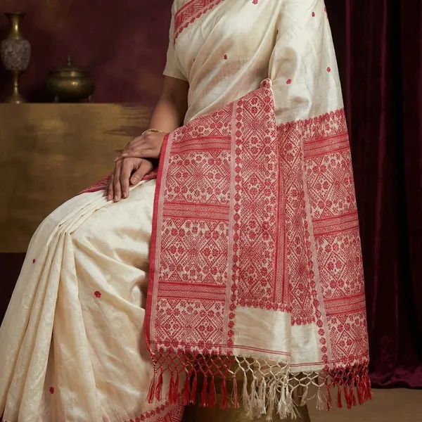 Premium_Quality_Assamese_Nakshi_Motif_Inspired_Hand_Woven_Work_On_Tussar_Silk_Saree_In_Floral_White_And_Red