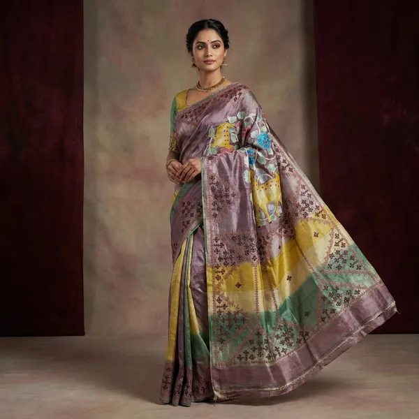 Premium_Quality_Tussar_Kalamkari_Silk_Saree_With_Hand_Kantha_And_Kutch_Work_In_Viola_Purple_Beige_Congo_Brown_And_Multicolor