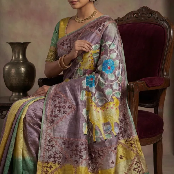 Premium_Quality_Tussar_Kalamkari_Silk_Saree_With_Hand_Kantha_And_Kutch_Work_In_Viola_Purple_Beige_Congo_Brown_And_Multicolor