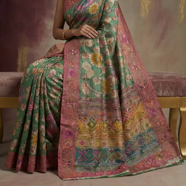 Premium_Quality_Tussar_Kalamkari_Silk_Saree_With_Hand_Kantha_And_Lambani_Work_In_Mineral_Green_Brick_Red_And_Multicolor