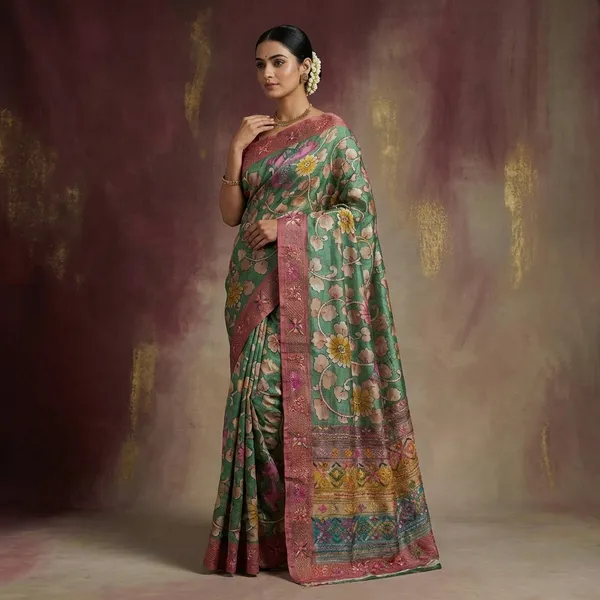Premium_Quality_Tussar_Kalamkari_Silk_Saree_With_Hand_Kantha_And_Lambani_Work_In_Mineral_Green_Brick_Red_And_Multicolor