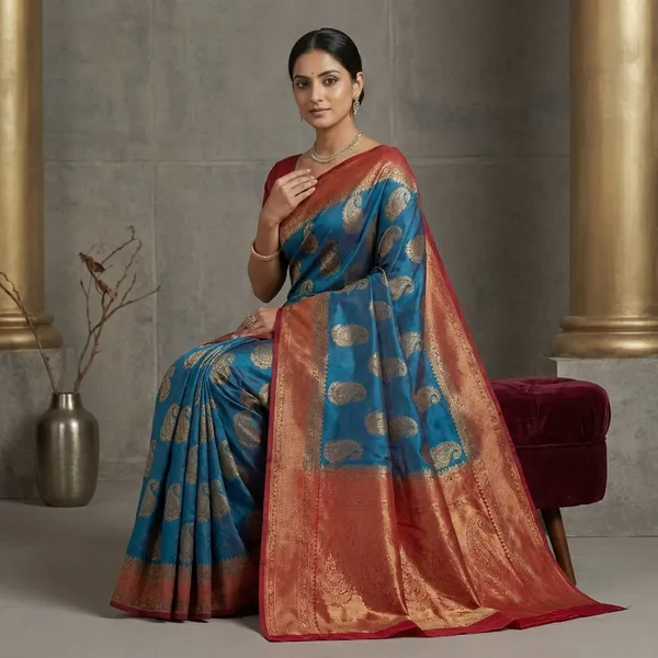 Pashmina_Thread_Work_Gadwal_Silk_Saree_In_Dark_Coral_Sea_Green_And_Beige