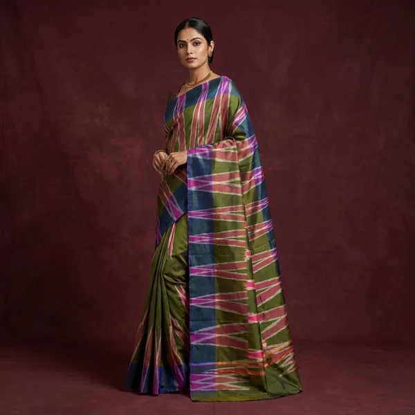 Bishnupuri_Double_Ikkat_Pure_Silk_Saree_In_Military_Green_Blue_Jay_Raspberry_Pink_And_Off_White