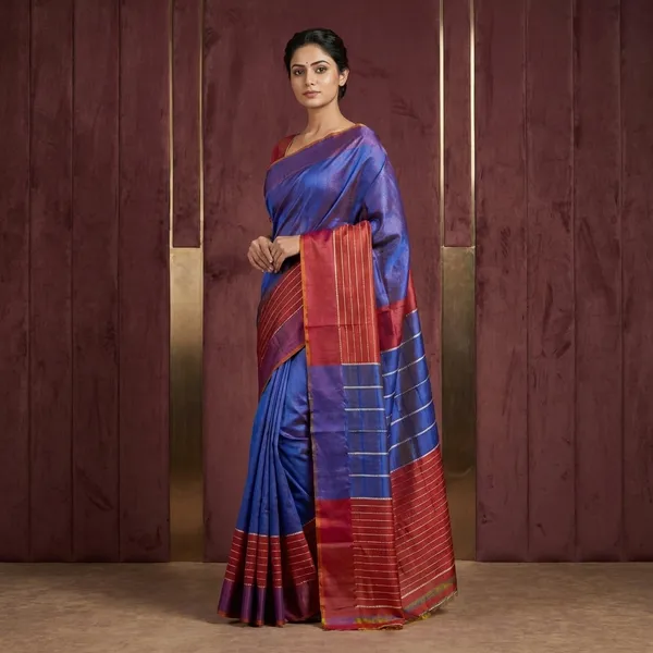 Hand_Woven_Bishnupuri_Checks_Katan_Silk_Saree_In_Sapphire_Blue_Bean_Red_And_Off_White