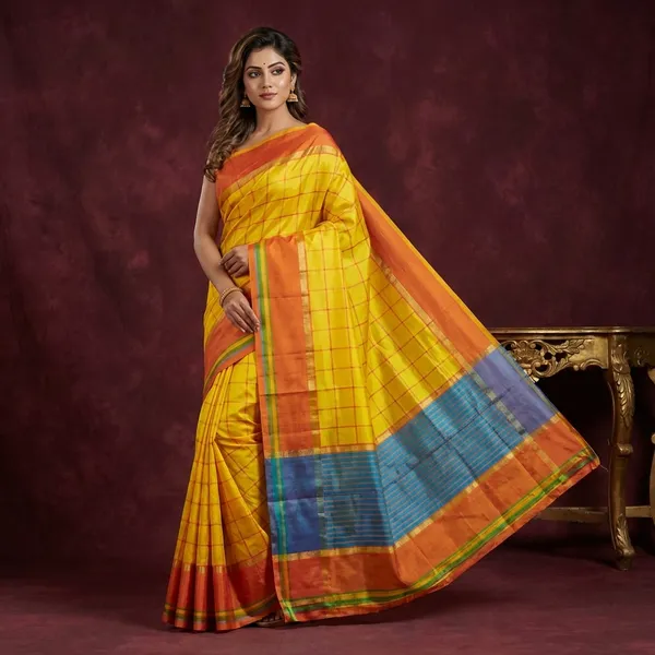 Hand_Woven_Bishnupuri_Checks_Katan_Silk_Saree_In_Burning_Orange_Nice_Blue_Bright_Yellow_And_Off_White