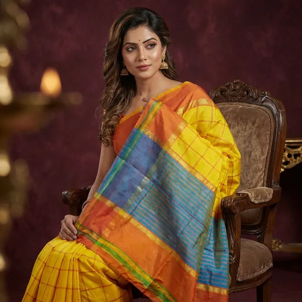 Hand_Woven_Bishnupuri_Checks_Katan_Silk_Saree_In_Burning_Orange_Nice_Blue_Bright_Yellow_And_Off_White