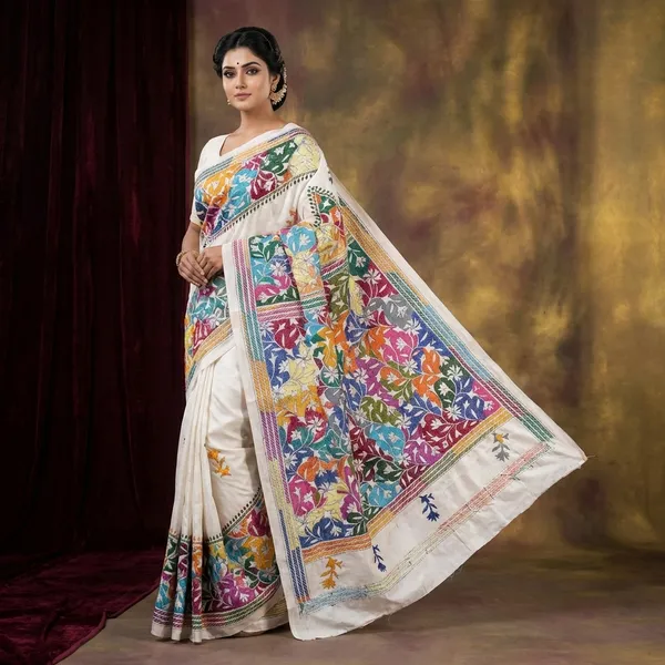 Hand_Embroidery_Blended_Silk_Reverse_Kantha_Work_Saree_In_Off_White_Red_Purple_Orange_And_Multicolor_Thread_Work