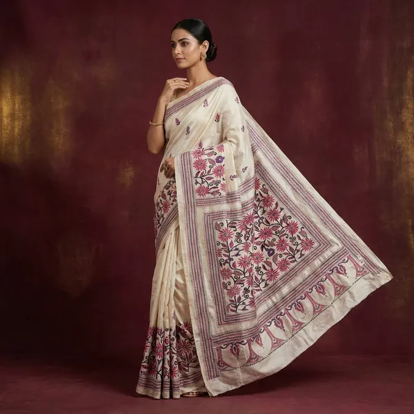 Premium_Quality_Hand_Embroidery_Kantha_Work_On_Pure_Gachi_Tussar_Saree_In_Light_Beige_Deep_Carmine_Purple_And_Black