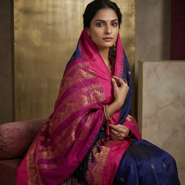 Soft_South_Cotton_Borderless_Pencil_Temple_Motifs_Gadwal_Saree_In_Midnight_Blue_And_Hot_Pink