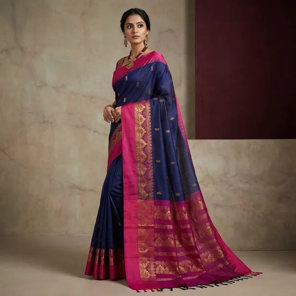 Soft_South_Cotton_Borderless_Pencil_Temple_Motifs_Gadwal_Saree_In_Midnight_Blue_And_Hot_Pink