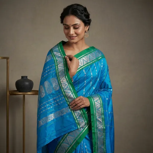 Bishnupuri_Open_Border_Crowned_Temple_Nakshi_Motif_Work_With_Paisley_Meenakari_Hazar_Butta_Pure_Katan_Silk_Saree_In_Water_Blue_Irish_Green_And_Matt_Gold
