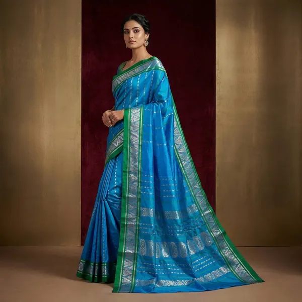 Bishnupuri_Open_Border_Crowned_Temple_Nakshi_Motif_Work_With_Paisley_Meenakari_Hazar_Butta_Pure_Katan_Silk_Saree_In_Water_Blue_Irish_Green_And_Matt_Gold