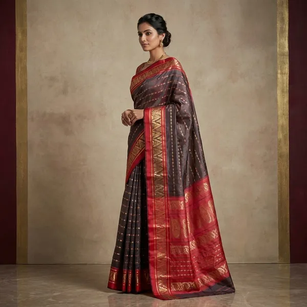 Bishnupuri_Open_Border_Crowned_Temple_Nakshi_Motif_Work_With_Paisley_Meenakari_Hazar_Butta_Pure_Katan_Silk_Saree_In_Dark_Wine_Falu_Red_And_Matt_Gold