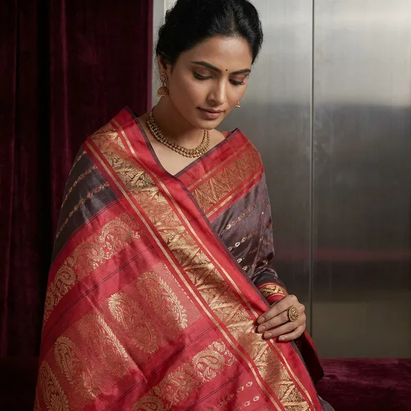 Bishnupuri_Open_Border_Crowned_Temple_Nakshi_Motif_Work_With_Paisley_Meenakari_Hazar_Butta_Pure_Katan_Silk_Saree_In_Dark_Wine_Falu_Red_And_Matt_Gold