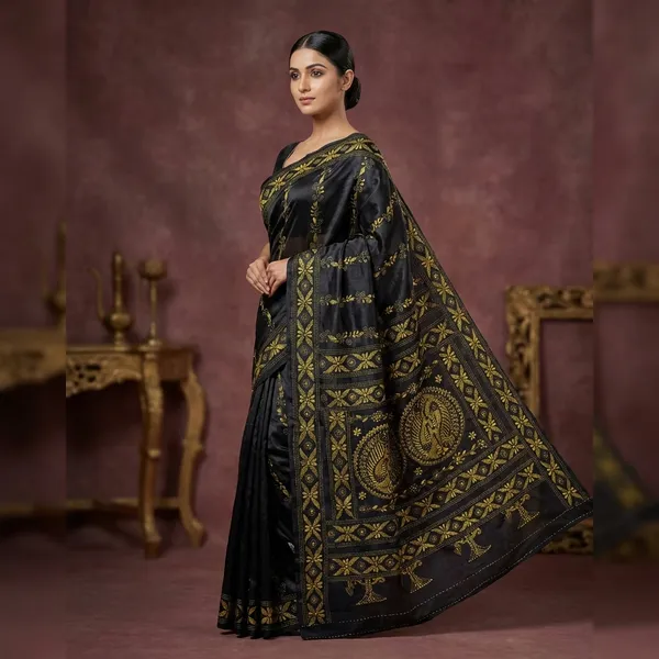 Hand_Embroidery_Kantha_Stitch_Work_Blended_Silk_Saree_In_Black_And_Yellow