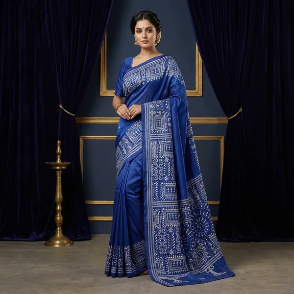 Hand_Embroidery_Nakshi_Kantha_Stitch_Work_Blended_Bangalore_Silk_Saree_In_Lapis_Blue_And_Off_White_Thread_Work