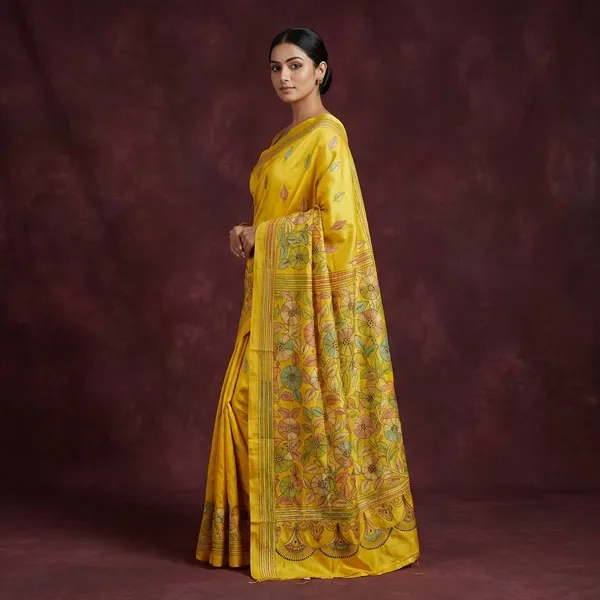 Hand_Embroidery_Nakshi_Kantha_Stitch_Work_Blended_Bangalore_Silk_Saree_In_Yellow_Black_And_Multicolor_Thread_Work
