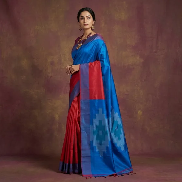 Bishnupuri_Pochampally_Ikkat_Silk_Saree_In_Bean_Red_Dark_Raspberry_And_French_Blue