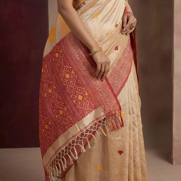 Premium_Quality_Ganga_Jamuna_Border_Assamese_Nakshi_Motif_Inspired_Hand_Woven_Work_On_Tussar_Silk_Saree_In_Warm_Beige_Golden_Yellow_And_Red