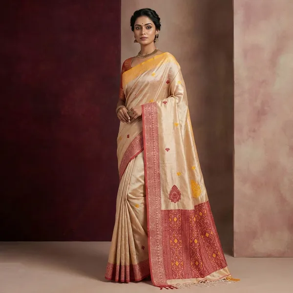 Premium_Quality_Ganga_Jamuna_Border_Assamese_Nakshi_Motif_Inspired_Hand_Woven_Work_On_Tussar_Silk_Saree_In_Warm_Beige_Golden_Yellow_And_Red