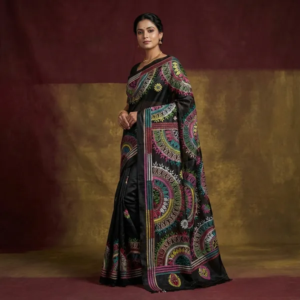 Hand_Embroidery_Blended_Silk_Kantha_Work_Saree_In_Zed_Black_Off_White_And_Multicolor_Thread_Work