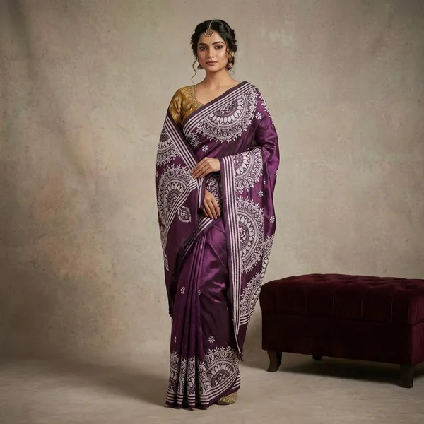 Hand_Embroidery_Blended_Silk_Kantha_Work_Saree_In_Wine_And_Off_White_Thread_Work