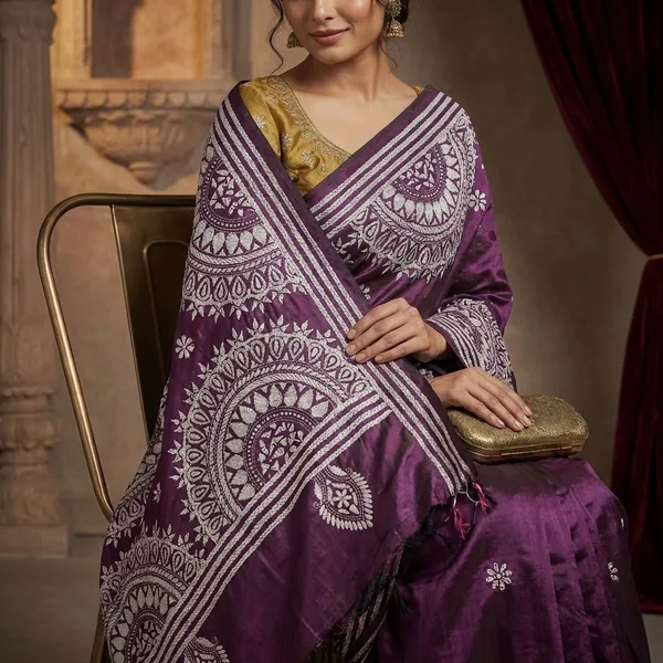 Hand_Embroidery_Blended_Silk_Kantha_Work_Saree_In_Wine_And_Off_White_Thread_Work
