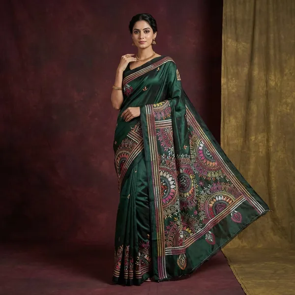 Hand_Embroidery_Blended_Silk_Kantha_Work_Saree_In_Phthalo_Green_Off_White_And_Multicolor_Thread_Work