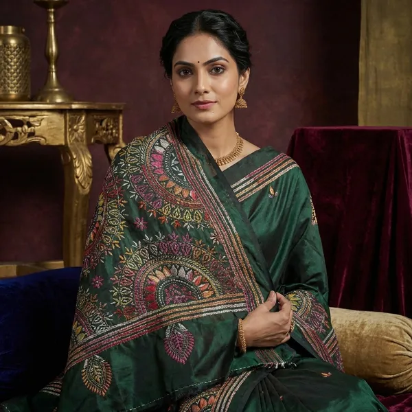 Hand_Embroidery_Blended_Silk_Kantha_Work_Saree_In_Phthalo_Green_Off_White_And_Multicolor_Thread_Work