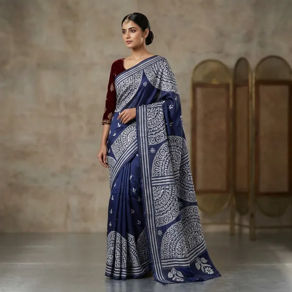 Hand_Embroidery_Blended_Silk_Kantha_Work_Saree_In_Cloud_Burst_Blue_And_Off_White_Thread_Work