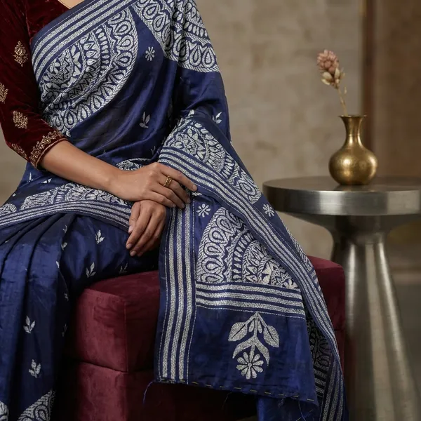 Hand_Embroidery_Blended_Silk_Kantha_Work_Saree_In_Cloud_Burst_Blue_And_Off_White_Thread_Work