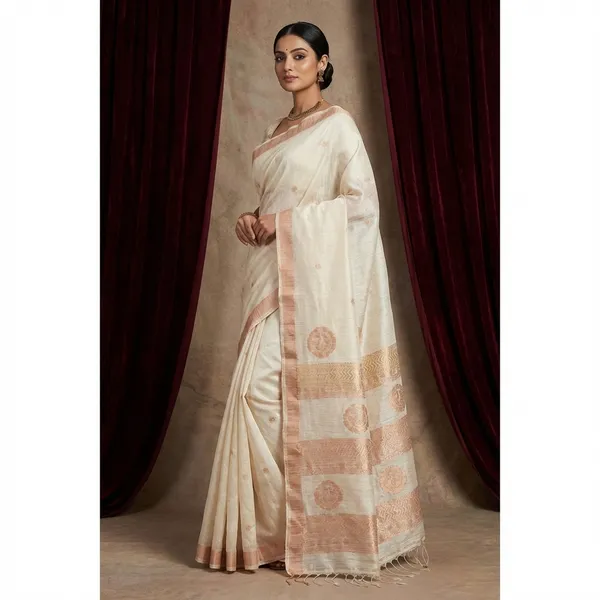 Premium_Quality_Pure_Matka_Silk_Jamdani_Saree_In_Creamy_Off_White_And_Copper_Gold