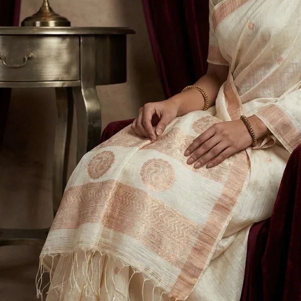 Premium_Quality_Pure_Matka_Silk_Jamdani_Saree_In_Creamy_Off_White_And_Copper_Gold