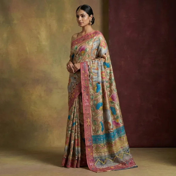 Premium_Quality_Tussar_Kalamkari_Silk_Saree_With_Hand_Kantha_And_Lambani_Work_In_Earthy_Brown_Brick_Red_And_Multicolor