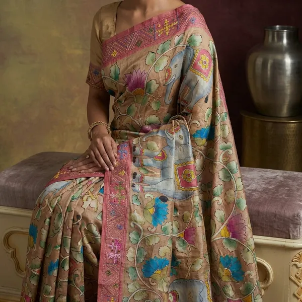 Premium_Quality_Tussar_Kalamkari_Silk_Saree_With_Hand_Kantha_And_Lambani_Work_In_Earthy_Brown_Brick_Red_And_Multicolor