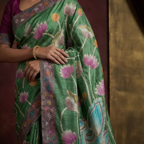Premium_Quality_Tussar_Kalamkari_Silk_Saree_With_Hand_Kantha_And_Lambani_Work_In_Forest_Green_Purplish_Grey_And_Multicolor