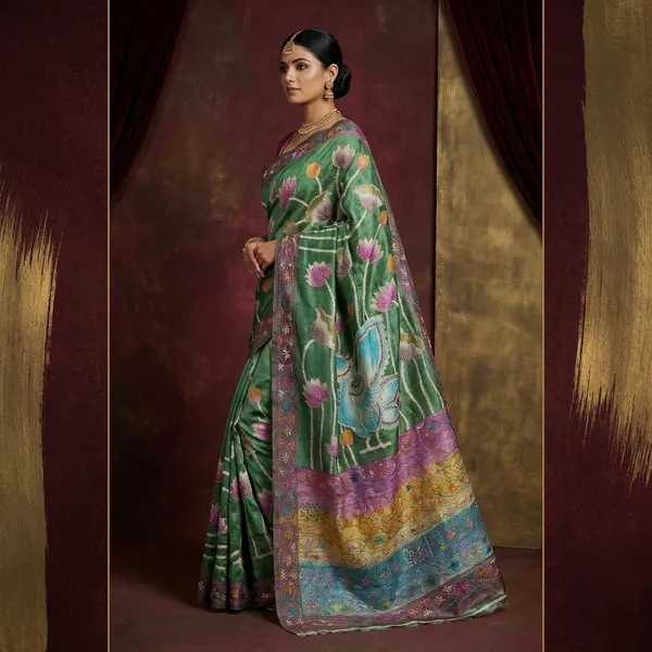 Premium_Quality_Tussar_Kalamkari_Silk_Saree_With_Hand_Kantha_And_Lambani_Work_In_Forest_Green_Purplish_Grey_And_Multicolor