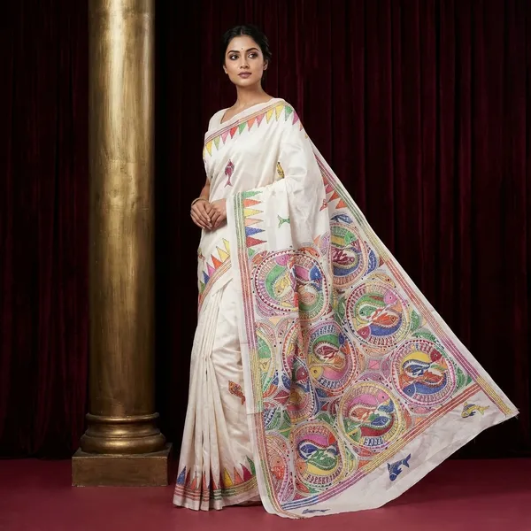 Hand_Embroidery_Nakshi_Kantha_Stitch_Work_Blended_Bangalore_Silk_Saree_In_Off_White_Red_And_Multicolor_Thread_Work