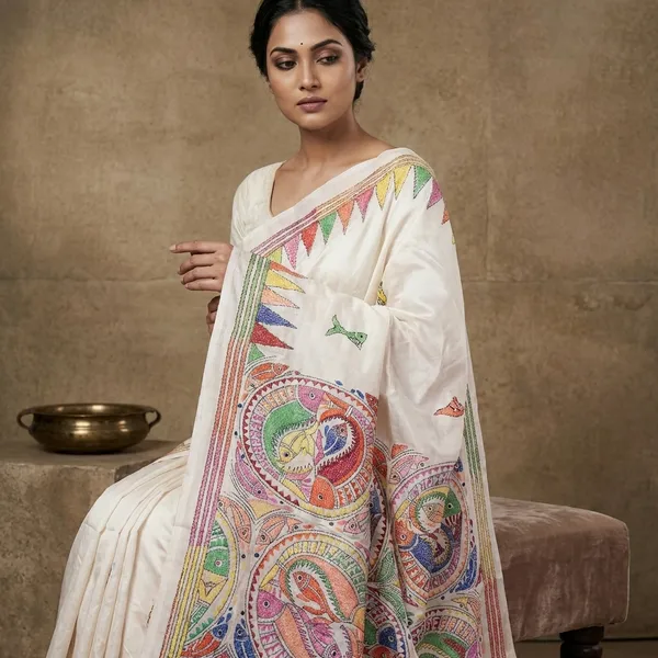 Hand_Embroidery_Nakshi_Kantha_Stitch_Work_Blended_Bangalore_Silk_Saree_In_Off_White_Red_And_Multicolor_Thread_Work