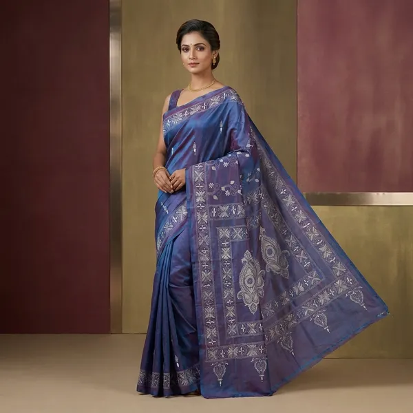 Hand_Embroidery_Kantha_Stitch_Work_Blended_Silk_Saree_In_Copper_Rose_And_Off_White
