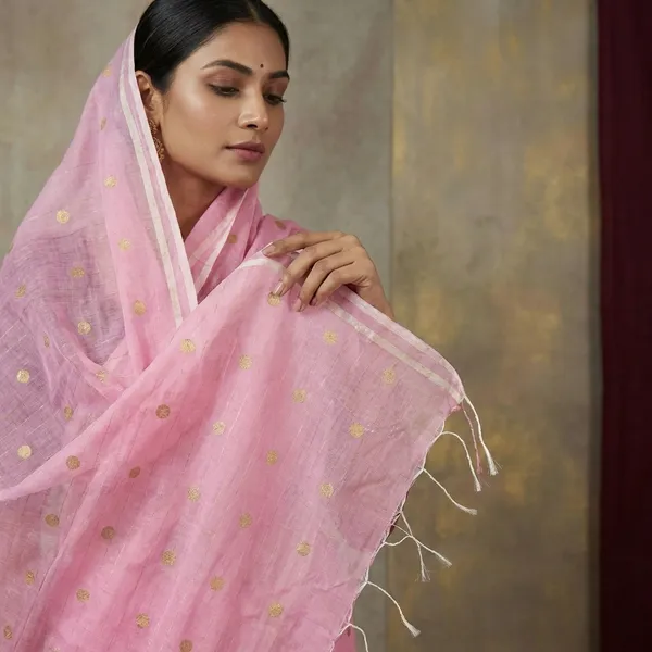 Designer_Woven_Antique_Ginni_Work_Skirt_Border_Muslin_Matka_Silk_Saree_In_Pink_Pearl_And_Antique_Gold