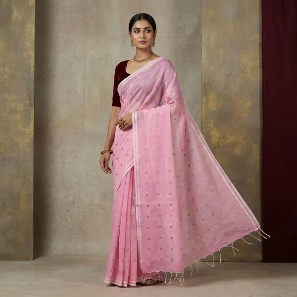 Designer_Woven_Antique_Ginni_Work_Skirt_Border_Muslin_Matka_Silk_Saree_In_Pink_Pearl_And_Antique_Gold