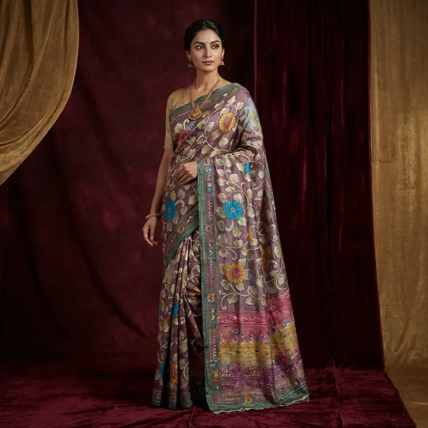 Premium_Quality_Tussar_Kalamkari_Silk_Saree_With_Hand_Kantha_And_Lambani_Work_In_Viola_Purple_Jade_Green_And_Multicolor