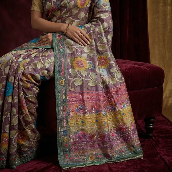 Premium_Quality_Tussar_Kalamkari_Silk_Saree_With_Hand_Kantha_And_Lambani_Work_In_Viola_Purple_Jade_Green_And_Multicolor