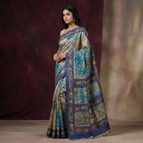 Premium_Quality_Tussar_Shibori_Silk_Saree_With_Hand_Kantha_And_Gara_Parsi_Work_In_Beige_Celestial_Blue_Cobalt_Blue_And_Multicolor