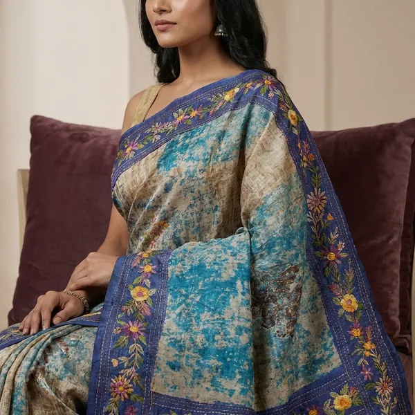 Premium_Quality_Tussar_Shibori_Silk_Saree_With_Hand_Kantha_And_Gara_Parsi_Work_In_Beige_Celestial_Blue_Cobalt_Blue_And_Multicolor