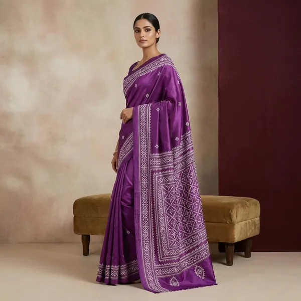 Hand_Embroidery_Kutch_Work_Blended_Bangalore_Silk_Saree_In_Royal_Heath_And_Off_White_Thread_Work