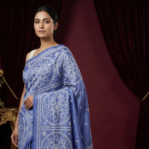 Hand_Embroidery_Kutch_Work_Blended_Bangalore_Silk_Saree_In_Slate_Blue_And_Off_White_Thread_Work